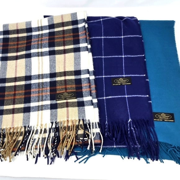 100% CASHMERE SCARF LOT OF 3 LONG MADE IN GERMANY TEAL NAVY BLUE PLAID WOMEN - Picture 1 of 14